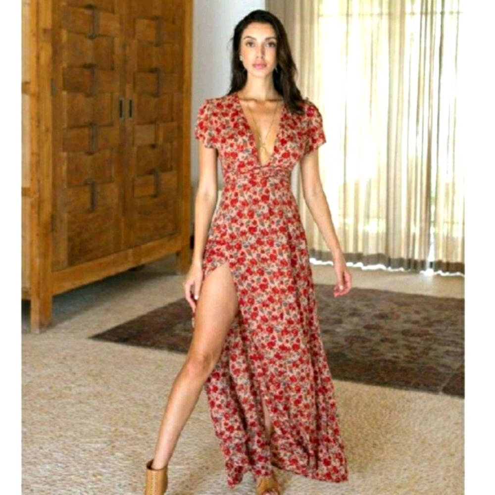 Red floral wrap dress